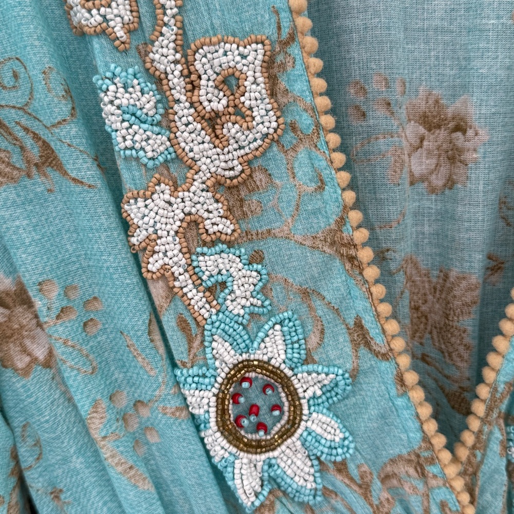 Bohemian Leoni Al Sole by Giacono Cirque Turquoise Beaded Maxi Dress w/ Pom Poms - Picture 6 of 14